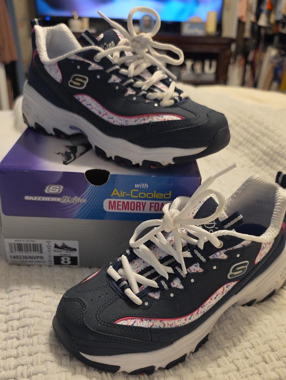 Skechers Womens Navy, White and Pink Accent Sneakers